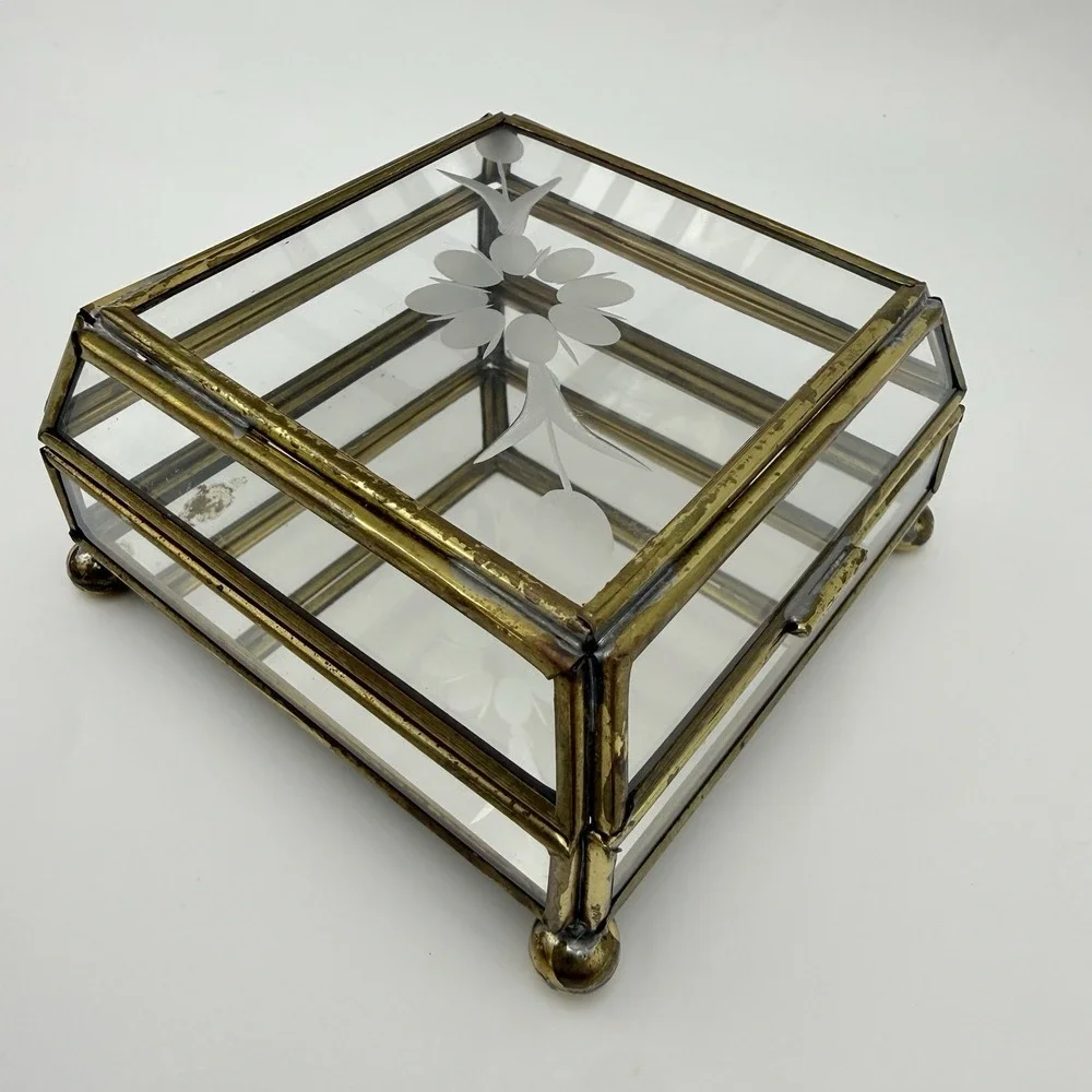Mirrored Glass Jewelry Box Brass Trinket Etched Flower Lid Storage Display 4x4x2